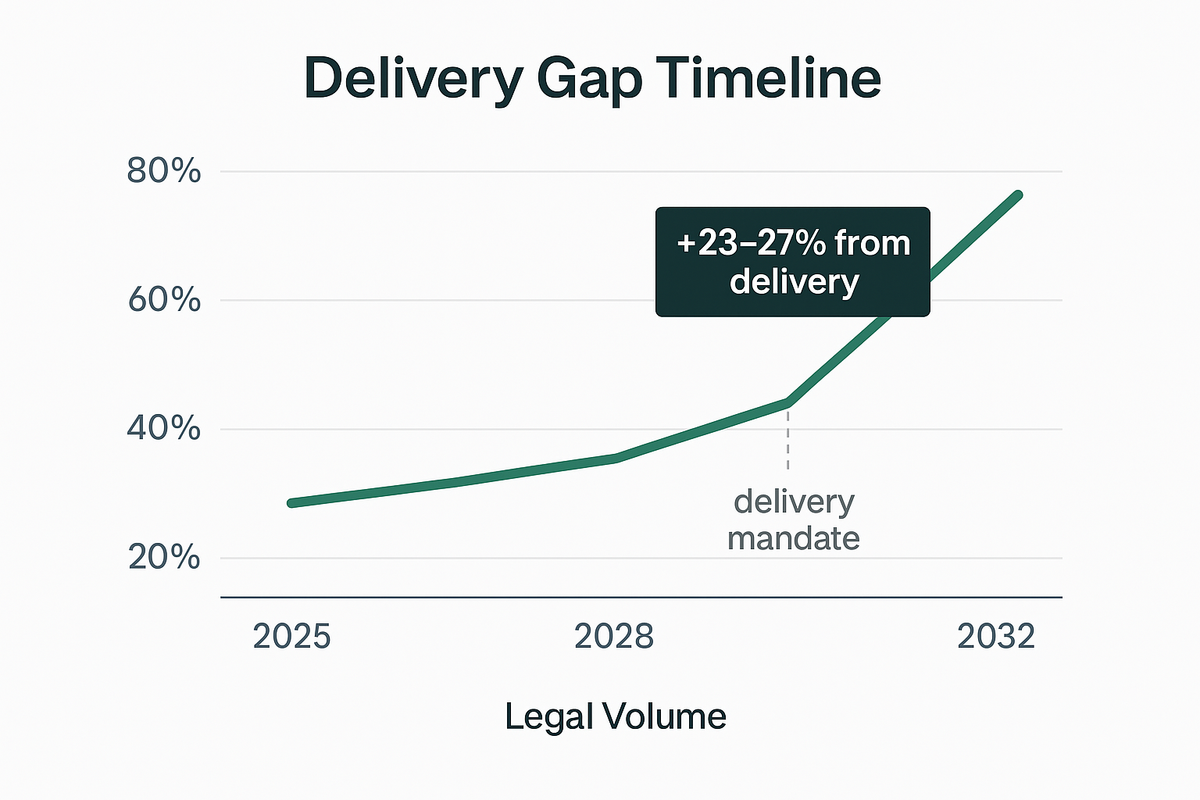 Line chart showing Alaska legal cannabis volume rising from ~30% in 2025 to over 60% by 2032. A delivery mandate in 2028 triggers a +23–27% jump. Clean, policy-brief style timeline.