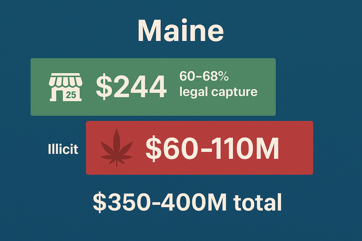 Maine cannabis market chart showing legal sales of $244M versus illicit $60–110M, with total market $350–400M and 60–68% legal capture on a blue background.