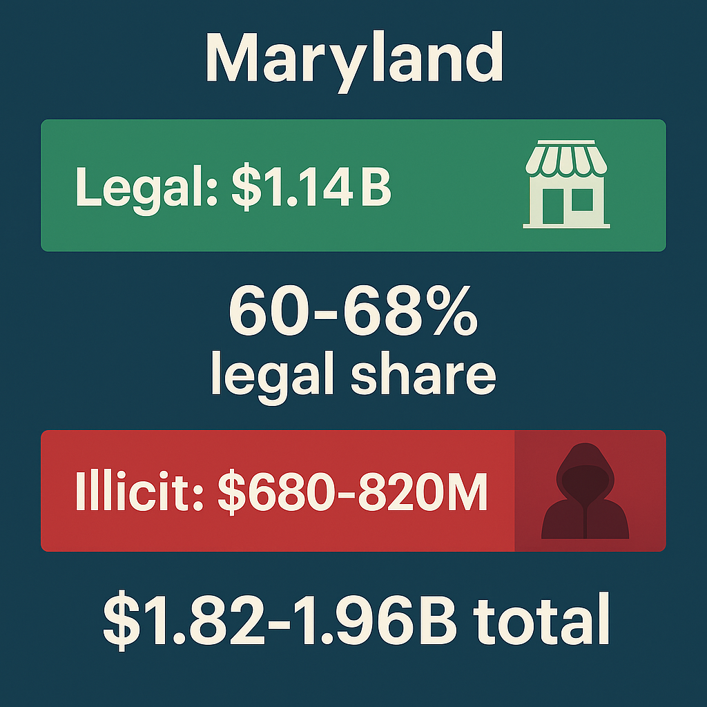 Maryland cannabis market graphic showing legal sales of $1.14B and illicit market $680–820M, totaling $1.82–1.96B, with 60–68% legal capture and market comparison bars.
