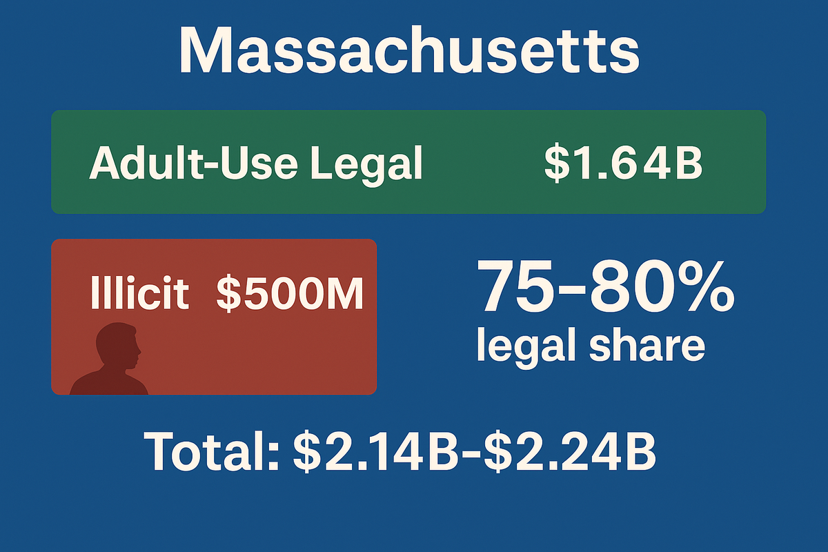 Massachusetts cannabis chart showing $1.64B adult-use legal sales in green and $500M illicit market in red, with a 75–80% legal share label on a blue background.
