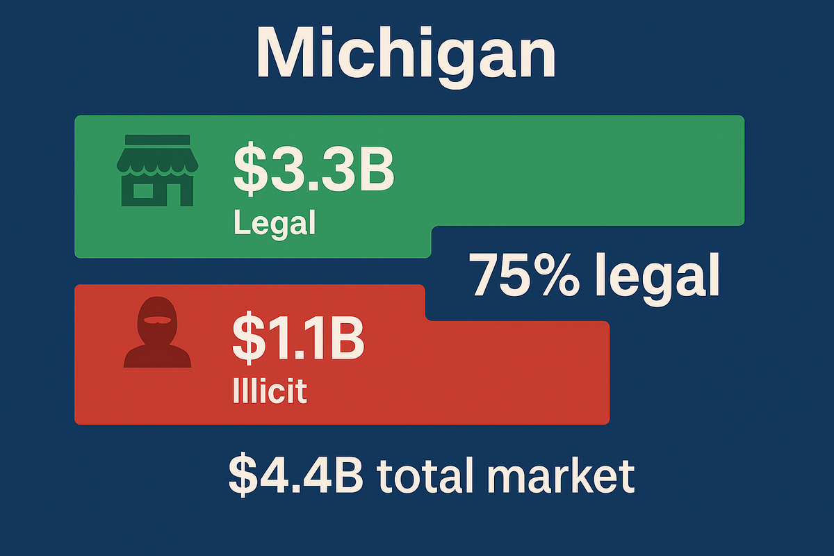 Infographic showing Michigan cannabis market: $3.3B legal sales versus $1.1B illicit. Bar chart highlights 75% legal capture and overall $4.4B market size on a Great Lakes blue background.