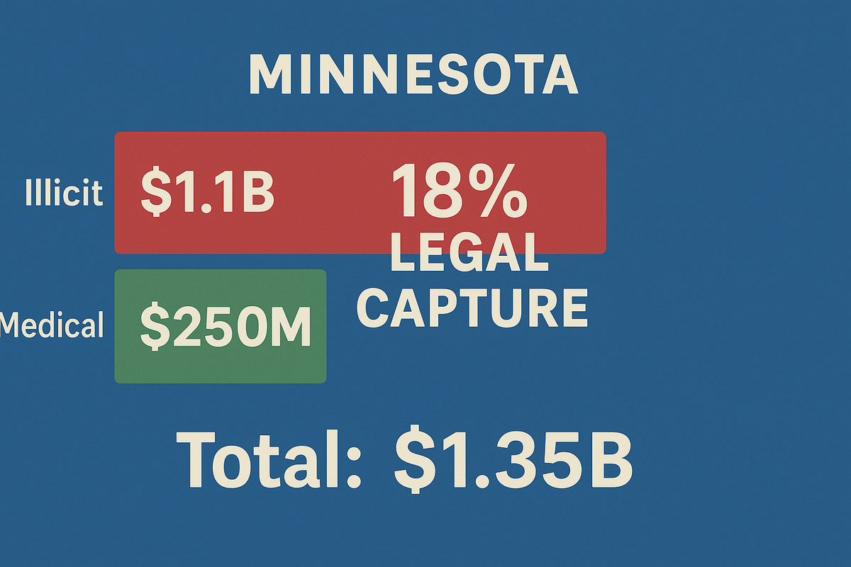 Minnesota cannabis market chart showing illicit revenue at $1.1B in red and medical revenue at $250M in green, illustrating an 18% legal share and $1.35B total market.