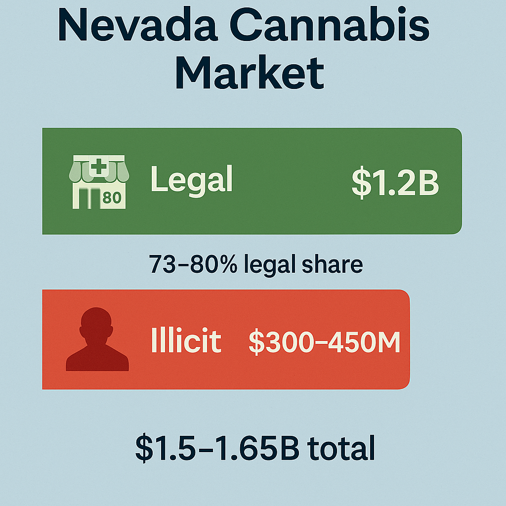 Horizontal bars comparing Nevada cannabis markets: $1.2B legal sales in green vs $300–450M illicit in red, showing 73–80% legal share on a silver-blue background.