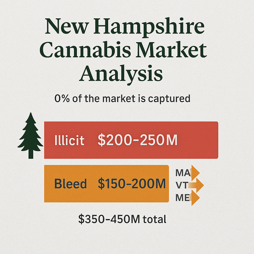 Bar chart comparing New Hampshire’s $200–250M illicit cannabis market to $150–200M border bleed to MA, VT, and ME, showing 0% legal capture and $350–450M total market size.