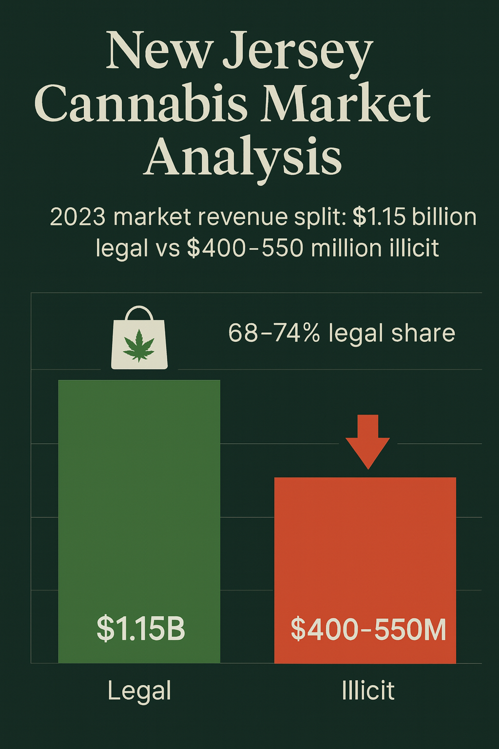Bar chart titled New Jersey Cannabis Market Analysis showing $1.15B legal cannabis revenue versus $400–550M illicit, highlighting a 68–74% legal market share in a dark green theme.