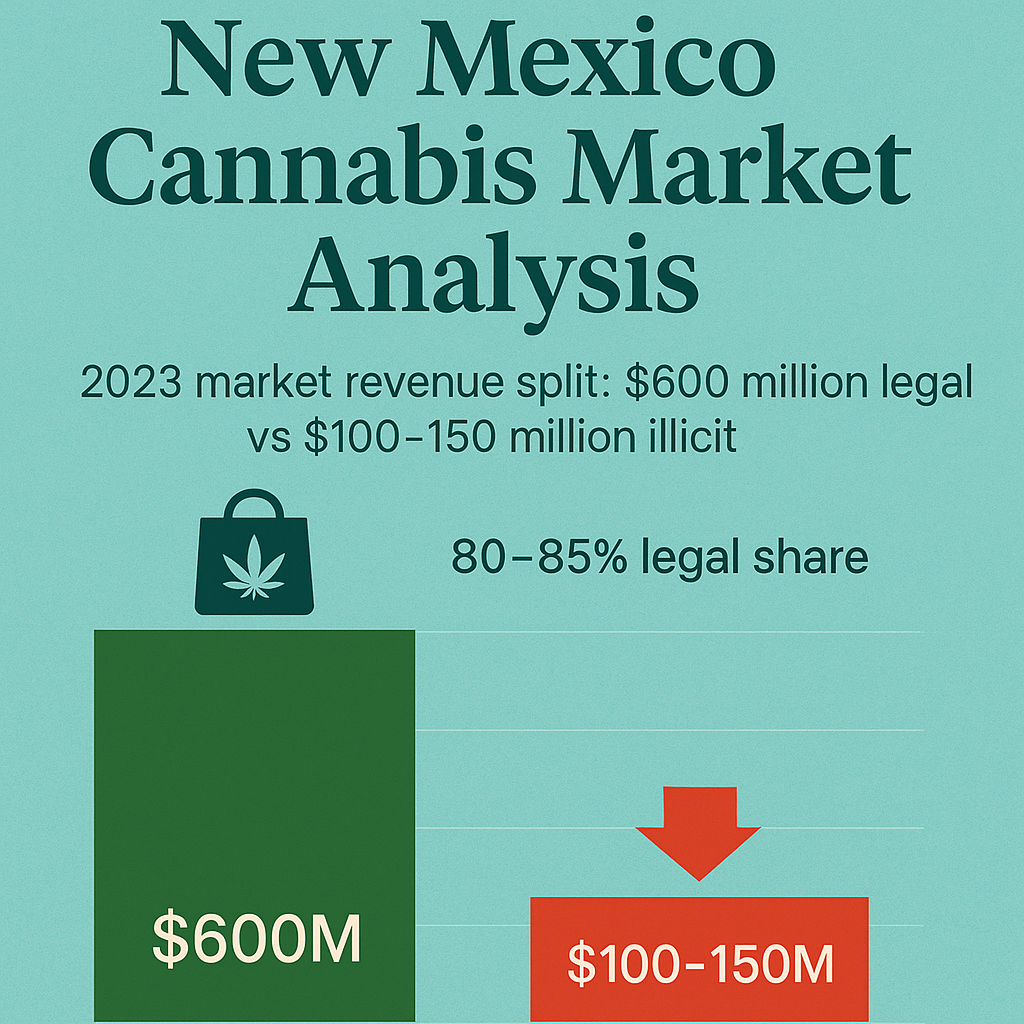 New Mexico cannabis revenue comparison: green bar showing $600M legal market and shorter red bar showing $100–150M illicit market, representing 80–85% legal share on a turquoise background