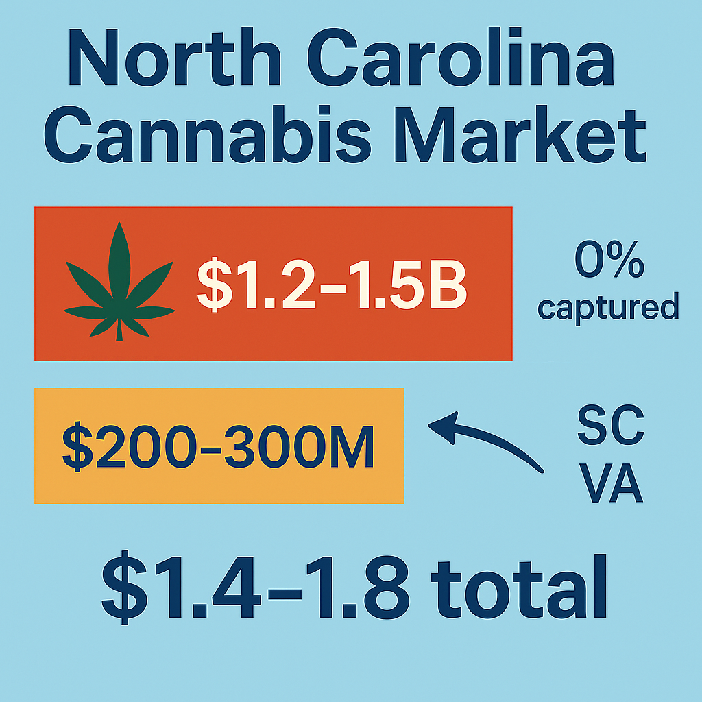 North Carolina cannabis market graphic showing $1.2–1.5B illicit market and $200–300M border bleed. Arrow points from bleed toward SC/VA. Total market $1.4–1.8B, 0% captured.