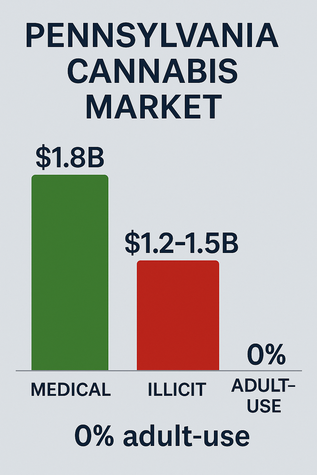 Infographic showing Pennsylvania’s cannabis market: medical sales at $1.8B and illicit market at $1.2–1.5B. No adult-use market, illustrated with a zero-value bar.
