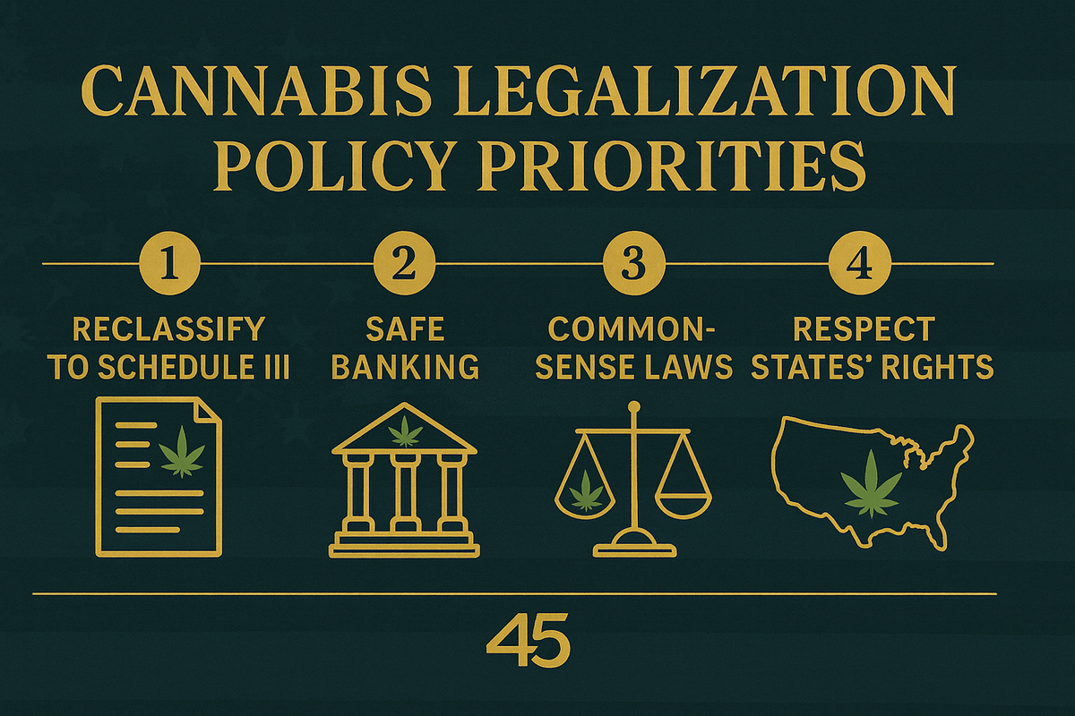 Infographic titled ‘Cannabis Legalization Policy Priorities’ on dark green background with gold icons for Schedule III, Safe Banking, Common-Sense Laws, and U.S. States’ Rights