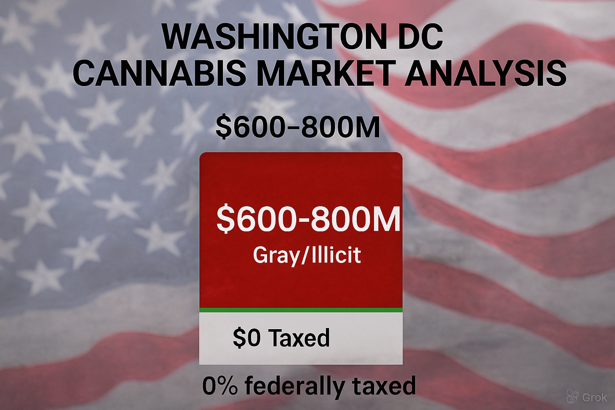 Washington DC cannabis market chart showing $600–800M gray/illicit sales, $0 taxed adult-use, 0% federal capture, highlighting Congress rider block.