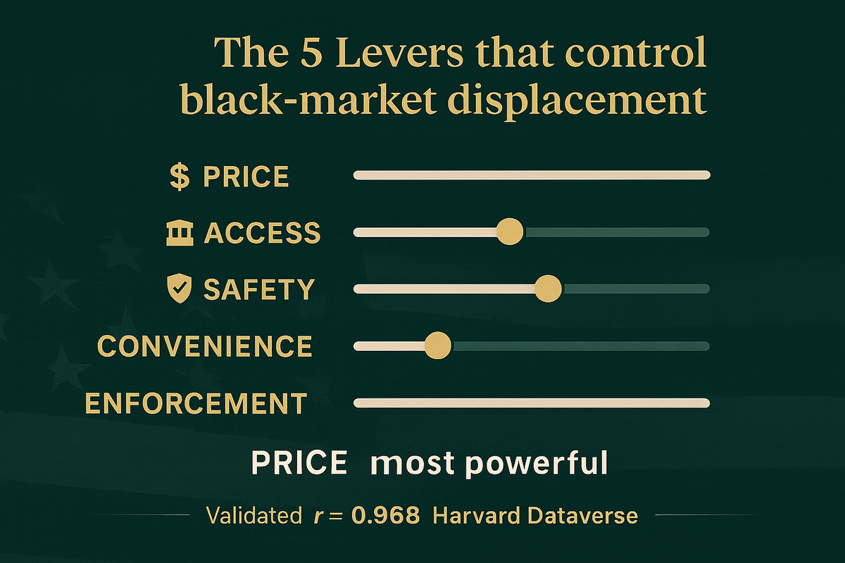 Infographic titled ‘The 5 Levers that control black-market displacement’ with five horizontal sliders for Price, Access, Safety, Convenience, and Enforcement on a dark green background.