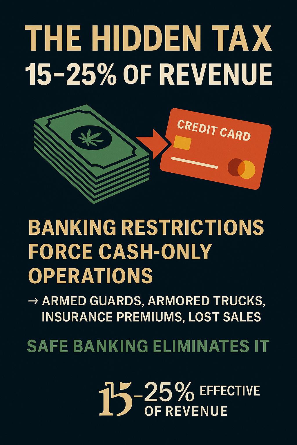The Hidden Tax 15–25% of Revenue,’ showing a cash pile beside a red credit-card icon, explaining that cash-only banking restrictions create major costs for legal cannabis businesses.