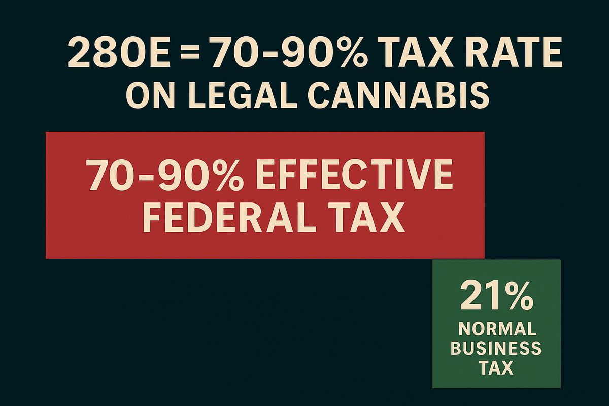 Infographic comparing cannabis taxes: a huge red bar labeled “70–90% 280E tax” beside a small green bar labeled “21% normal tax,” highlighting the excess federal burden on legal dispensaries.