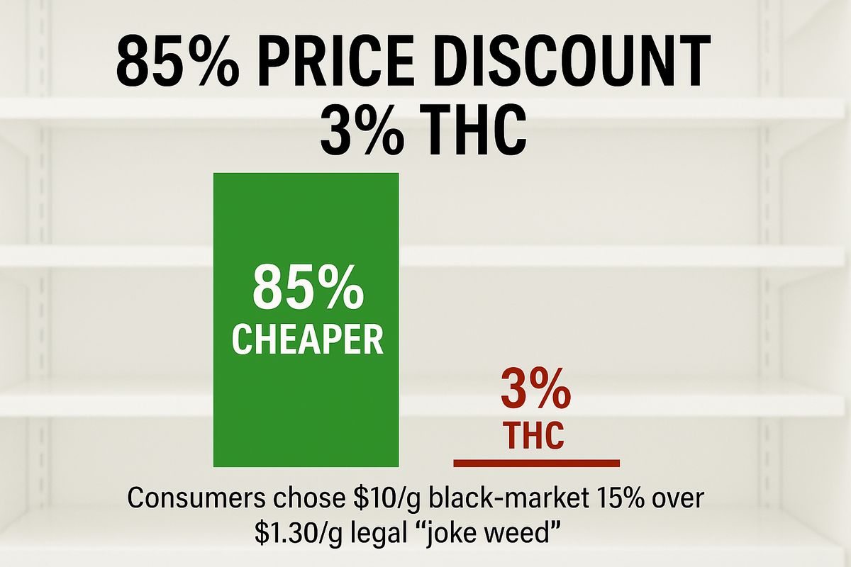 Large green ‘85% cheaper’ bar beside tiny red ‘3% THC’ bar on empty shelves, showing consumers rejected weak legal cannabis.