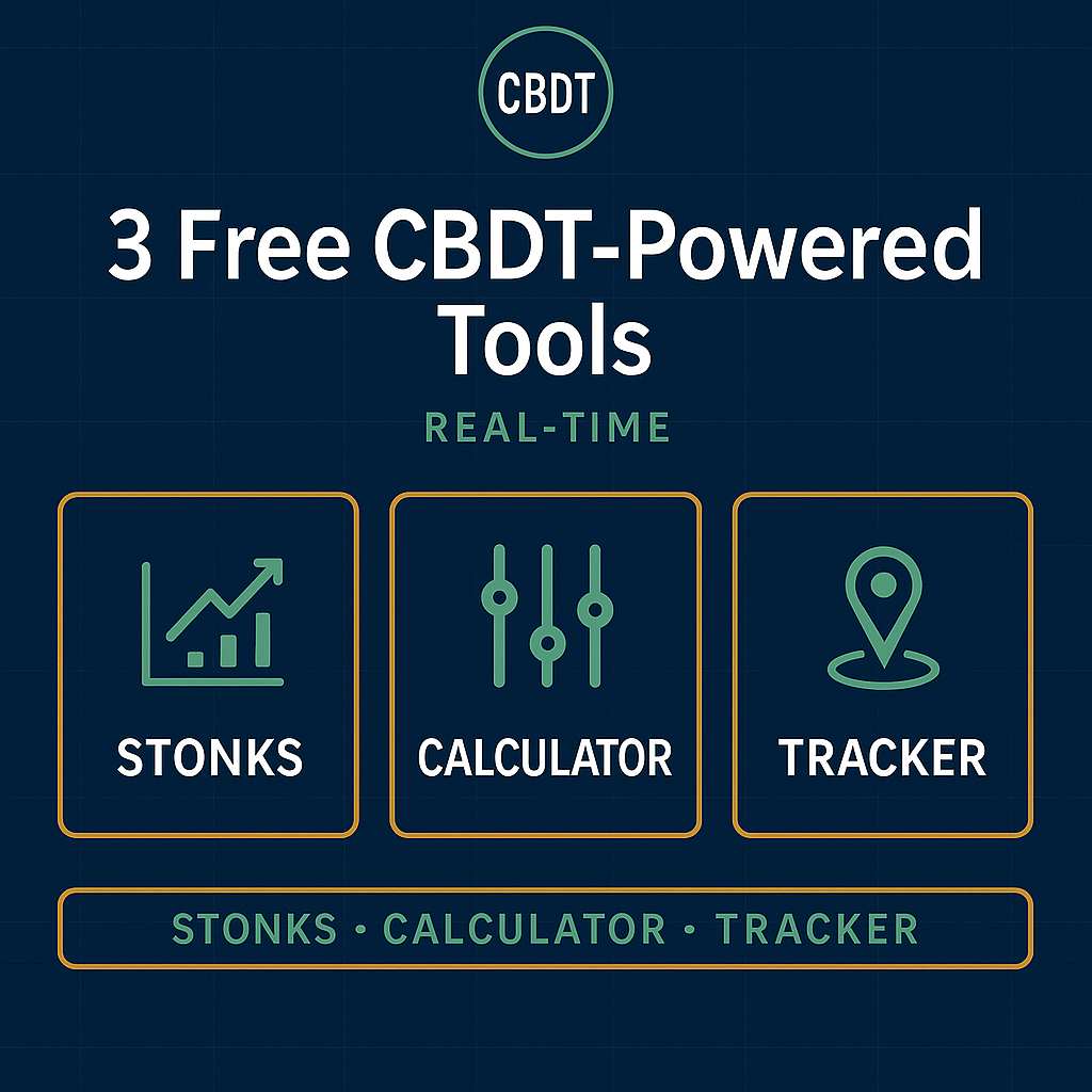 Graphic showing three free CBDT-powered tools—STONKS, Calculator, and Tracker—on a dark grid background with REAL-TIME centered beneath the title.