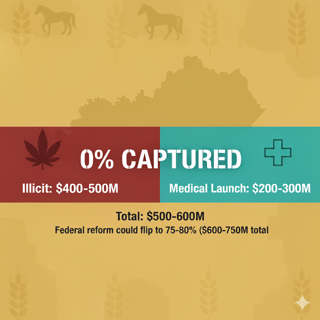 Kentucky cannabis: $400-500M illicit, $200-300M medical. 0% captured now. Federal reform could lead to $600-750M market. Visualizes untapped potential.
