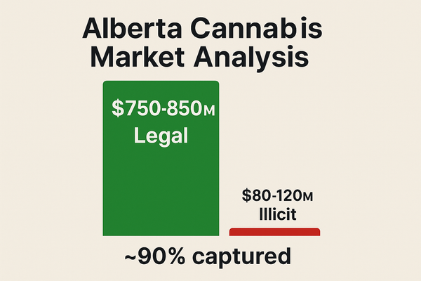 Infographic of Alberta cannabis market: $750–850M legal in green, $80–120M illicit in red, showing ~90% market capture.