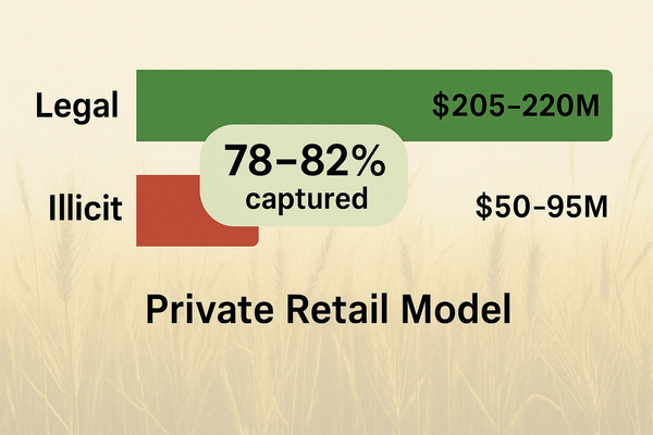 Horizontal bar chart of Saskatchewan cannabis market: legal $205–220M in green vs illicit $50–95M in red, showing 78–82% legal capture on prairie background.