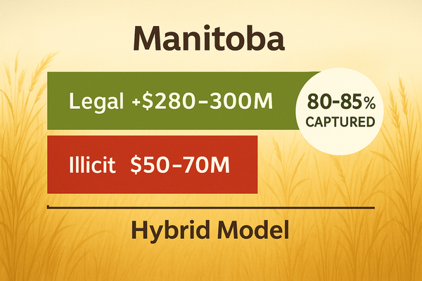 Manitoba cannabis market bar chart showing legal $280–300M vs illicit $50–70M, 80–85% captured, on a clean prairie-themed background.