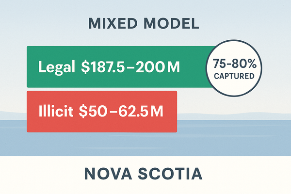 Nova Scotia cannabis market graphic showing legal sales of $187.5–200M vs illicit $50–62.5M with 75–80% captured. Green bar dominates red bar on a blue maritime background.