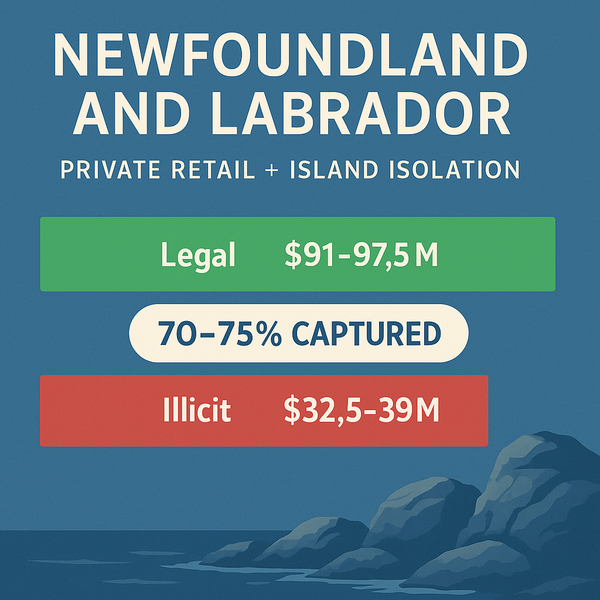 Bar chart of Newfoundland and Labrador cannabis market showing legal $91–97.5M in green and illicit $32.5–39M in red with a 70–75% captured label against a rocky coast background.