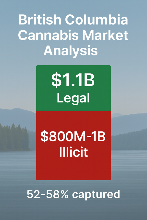 Infographic showing British Columbia’s cannabis market: $1.1B legal sales above $800M–1B illicit market, with total capture at 52–58%.