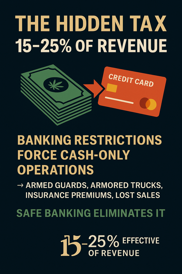 The Hidden Tax 15–25% of Revenue,’ showing a cash pile beside a red credit-card icon, explaining that cash-only banking restrictions create major costs for legal cannabis businesses.
