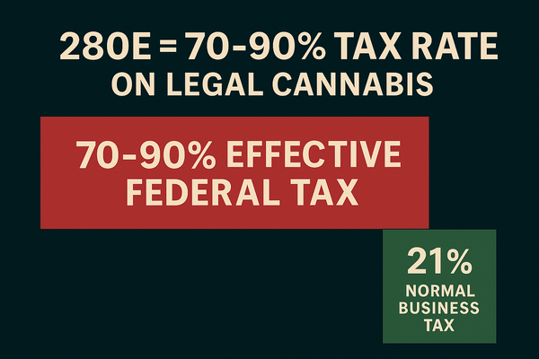 Infographic comparing cannabis taxes: a huge red bar labeled “70–90% 280E tax” beside a small green bar labeled “21% normal tax,” highlighting the excess federal burden on legal dispensaries.
