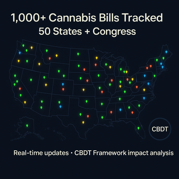 U.S. map with color-coded pins representing 1,000+ cannabis bills tracked across all 50 states and Congress with CBDT analysis badge.